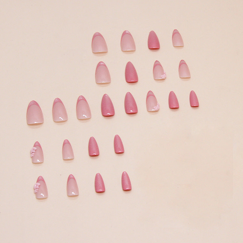 Pink Shimmer Press On Nail Set – Almond Fake Nails with Floral Design