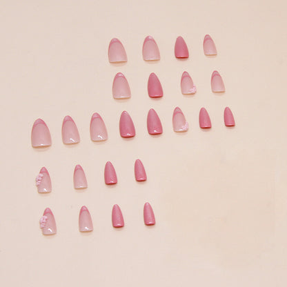 Pink Shimmer Press On Nail Set – Almond Fake Nails with Floral Design
