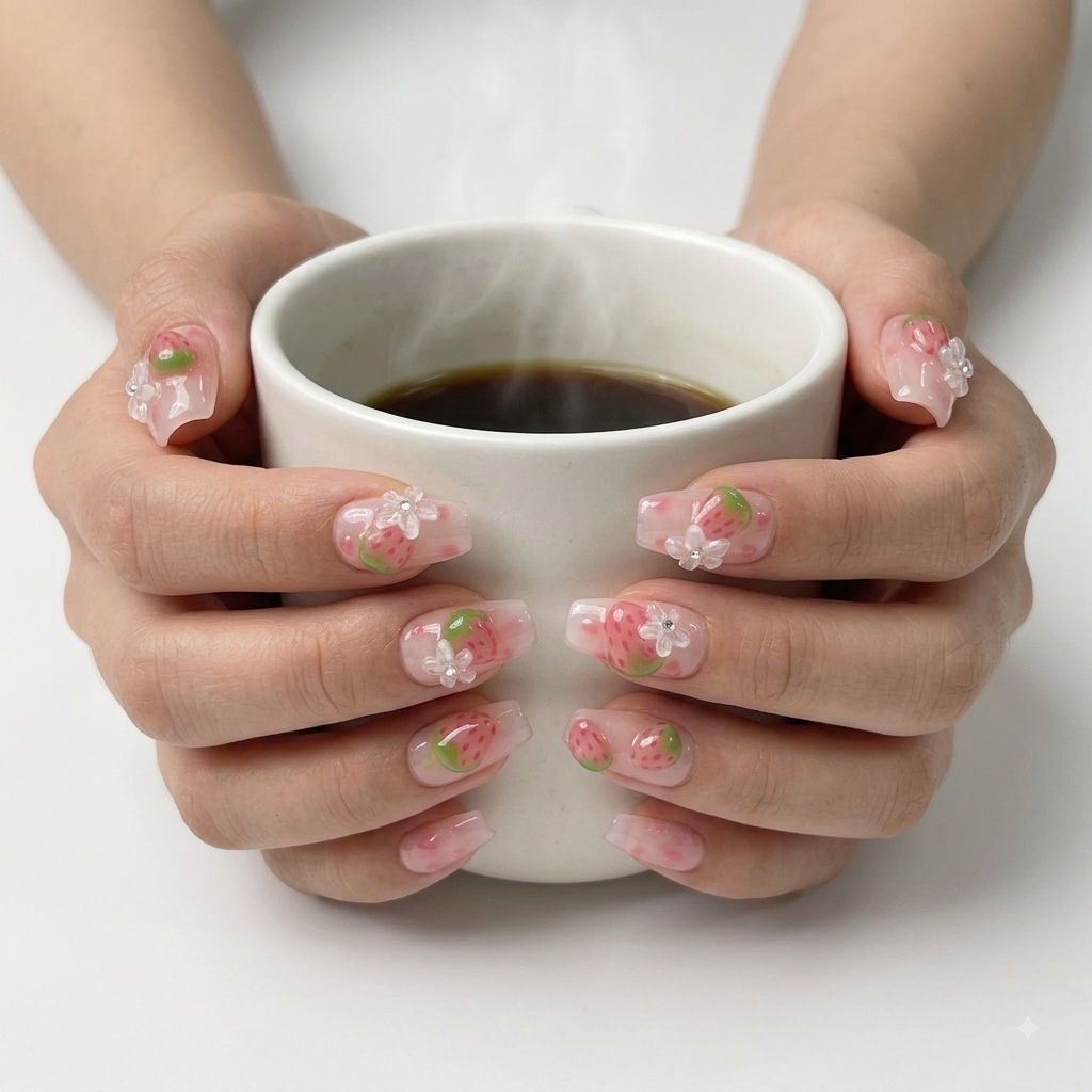 Pink Strawberry Press On Nails Cute Summer Nail Design