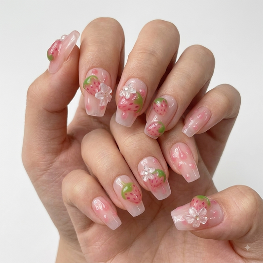 Pink Strawberry Press On Nails with 3D Floral Design