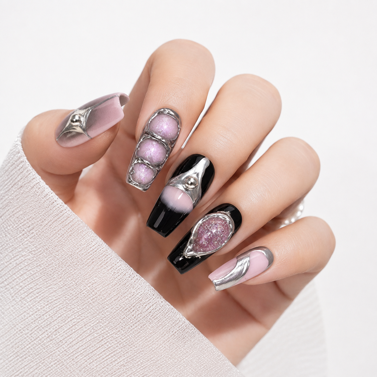 Pink and Black Chrome Press On Nails – Luxury 3D Metallic Nail Set