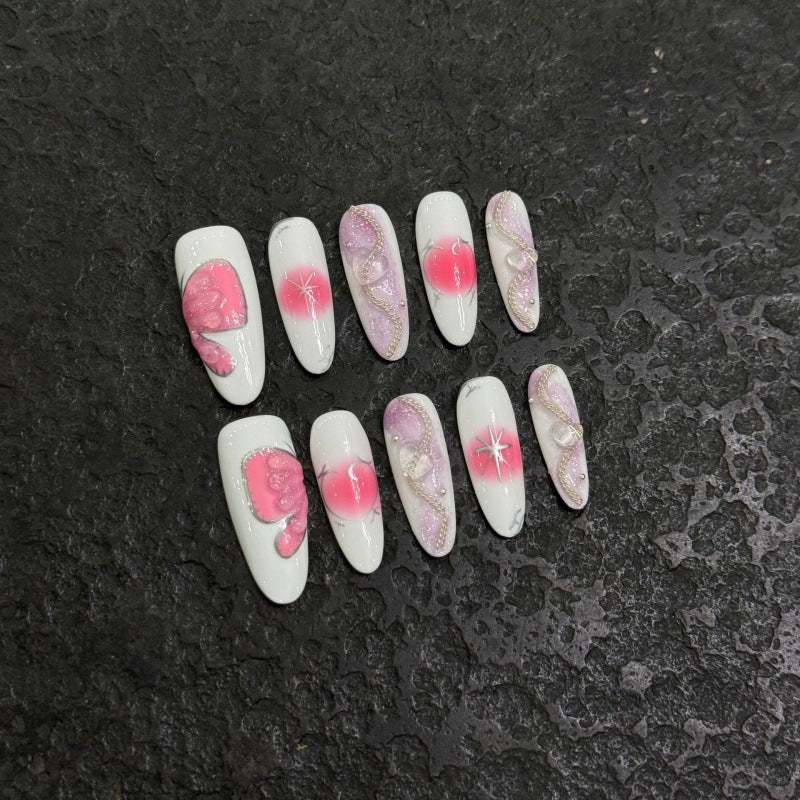 Pink and White Press On Nail Set with Elegant Nail Art