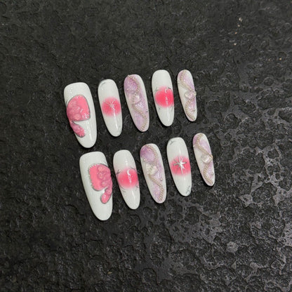 Pink and White Press On Nail Set with Elegant Nail Art