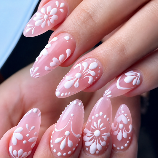 Pink and white floral press on nails with elegant almond shape