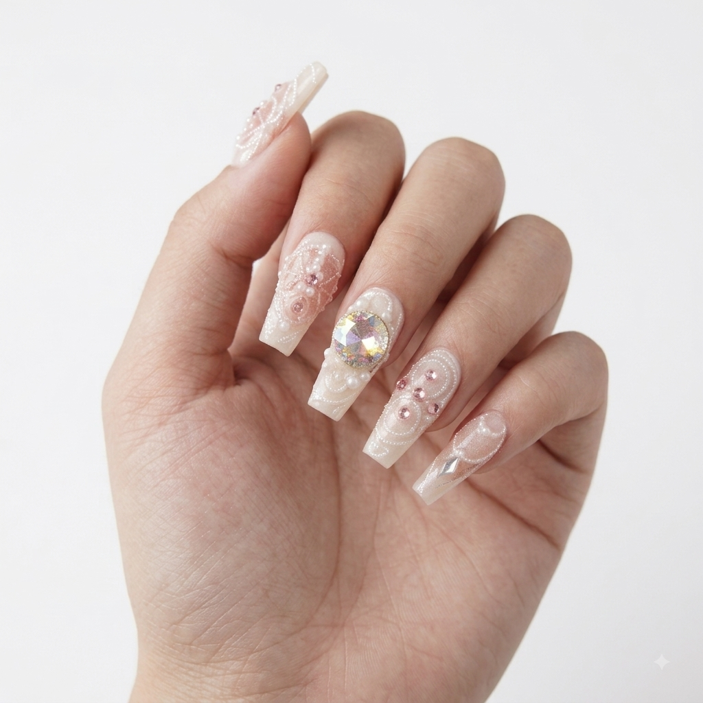 Pink and white press on nails with pearls, crystals and intricate 3D nail art