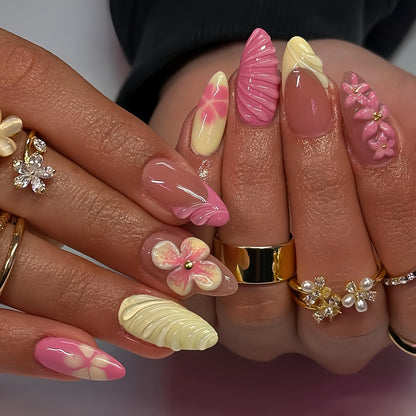 Pink floral 3D press on nails with pastel flower and textured nail art