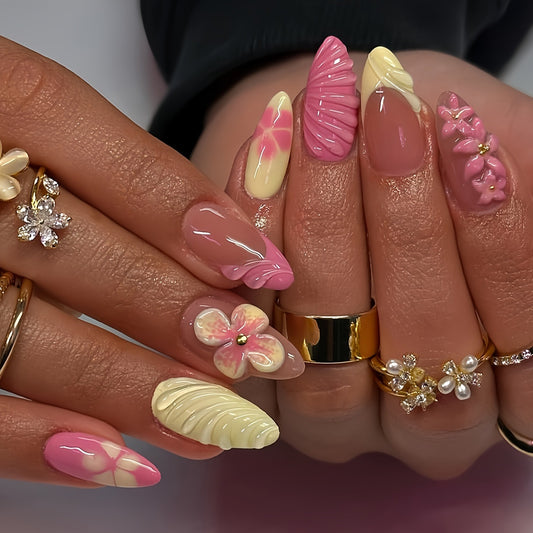 Pink floral 3D press on nails with pastel flower and textured nail art