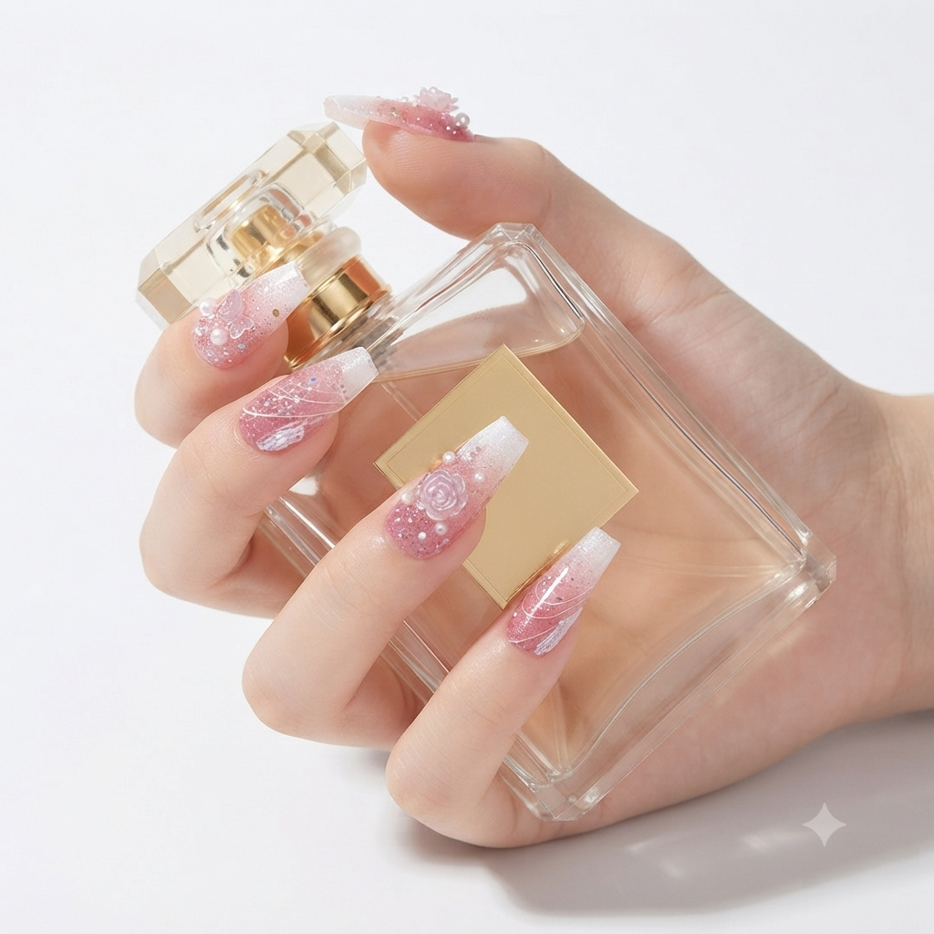 Pink glitter 3D floral press on nails holding perfume bottle