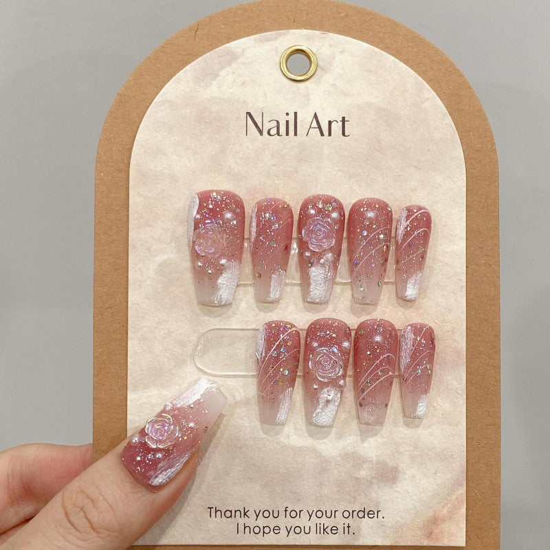 Pink glitter floral press on nail set with 3D rose details