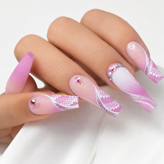 Pink ombre coffin press on nails with white lace, silver glitter and rhinestone details