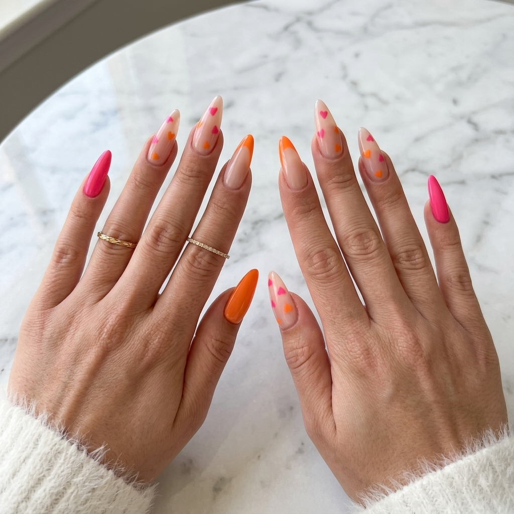 Pink orange almond press on nails displayed on both hands over white marble