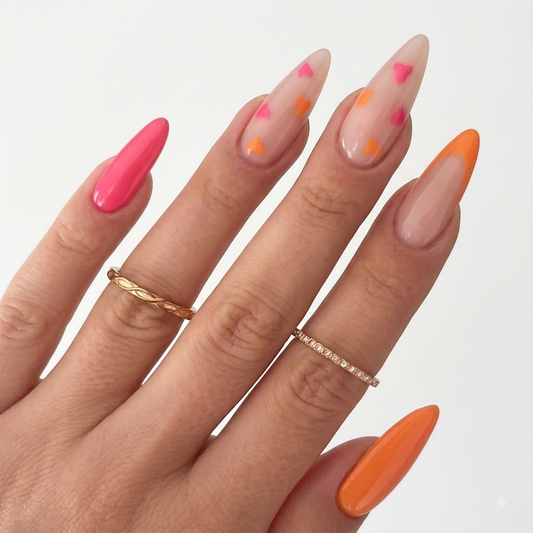 Pink orange heart press on nails with long almond shape and colorful French tips