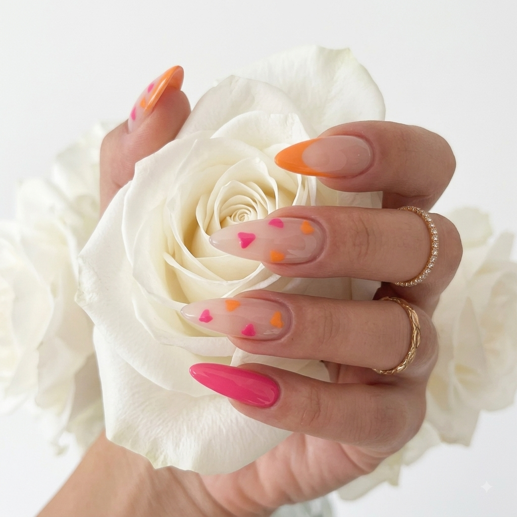 Pink orange heart press on nails worn on hand holding a white rose