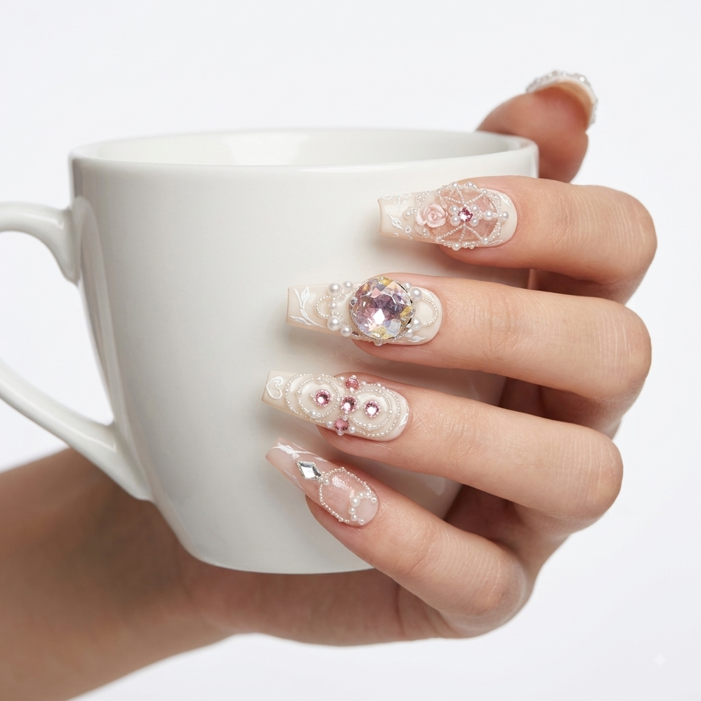 Pink pearl press on nails worn on hand holding a white coffee cup