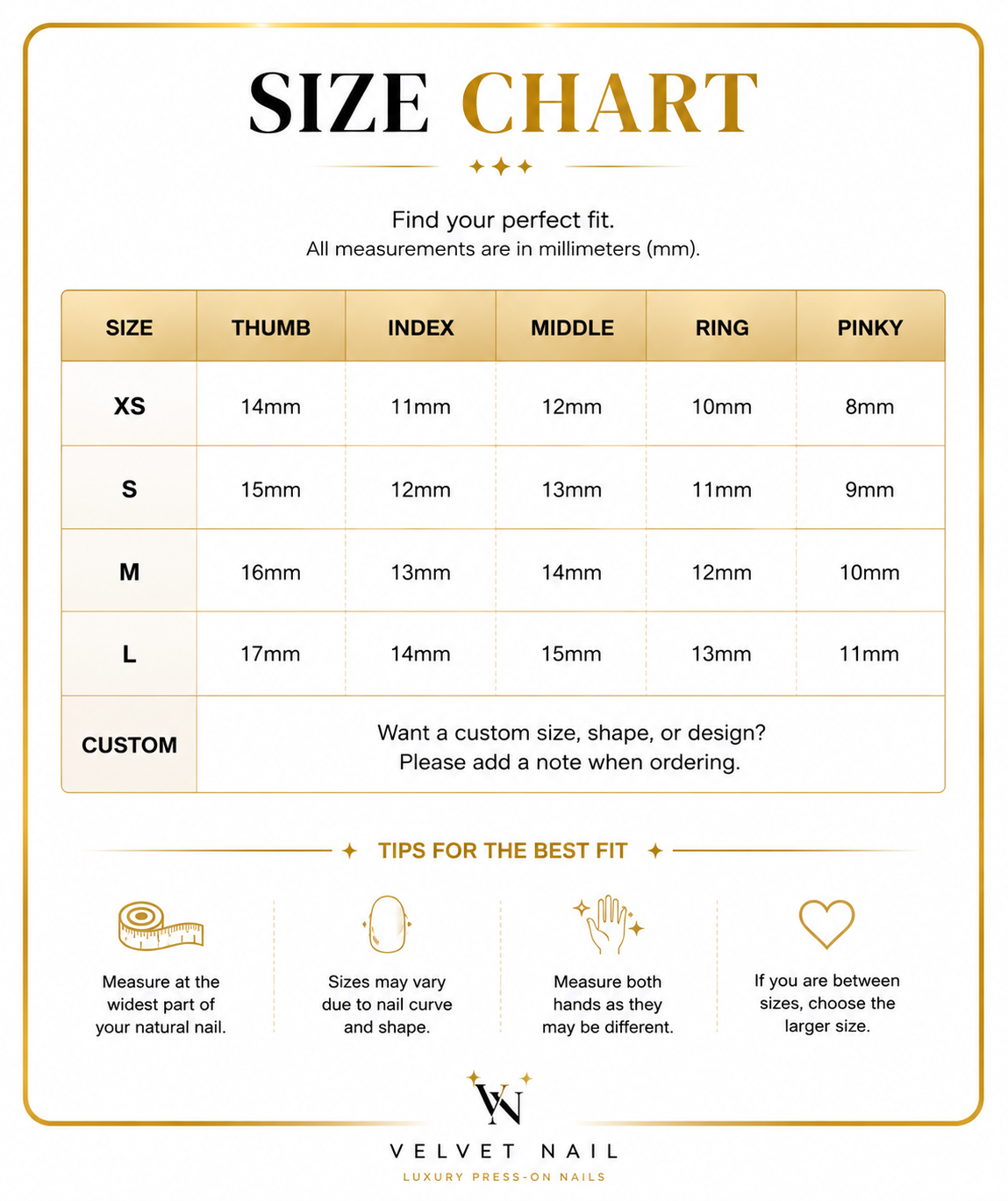 Press On Nails Size Chart for Custom Nail Fit