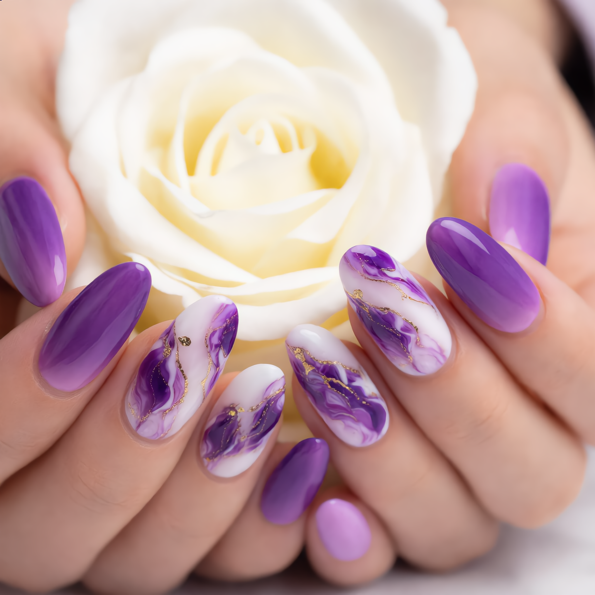 Purple marble press on nails with gold accents holding a white rose