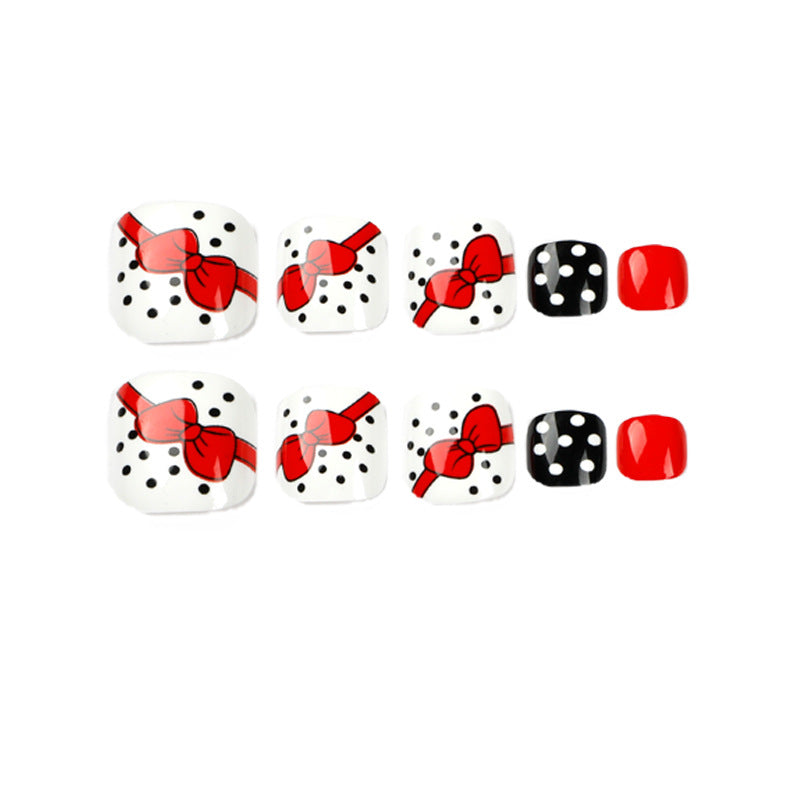 Red Black White Bow Press On Toenails Full Set