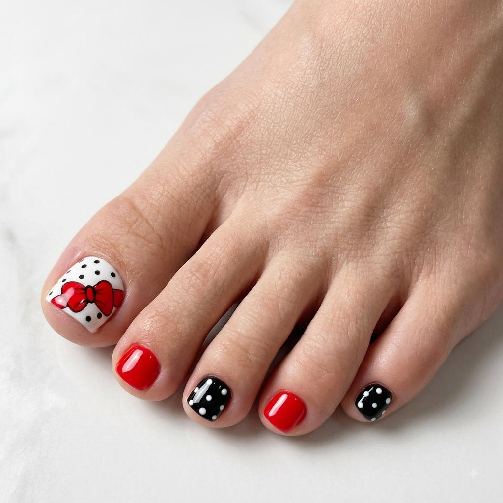Red Black White Press On Toenails with Bow Design