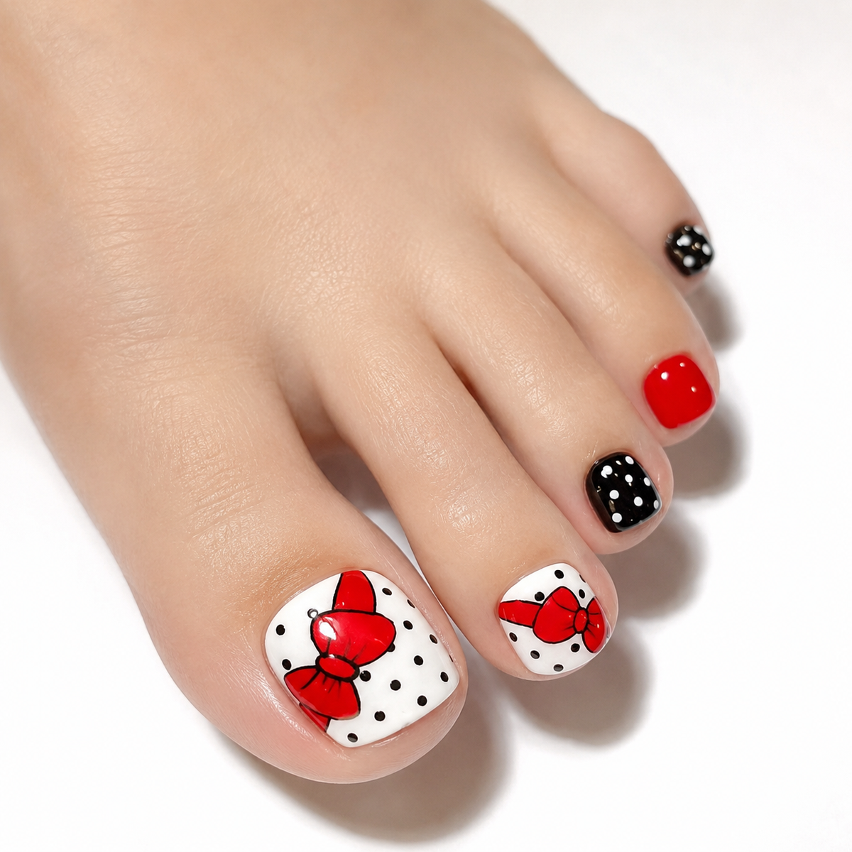Red Black and White Press On Toenails on Female Foot