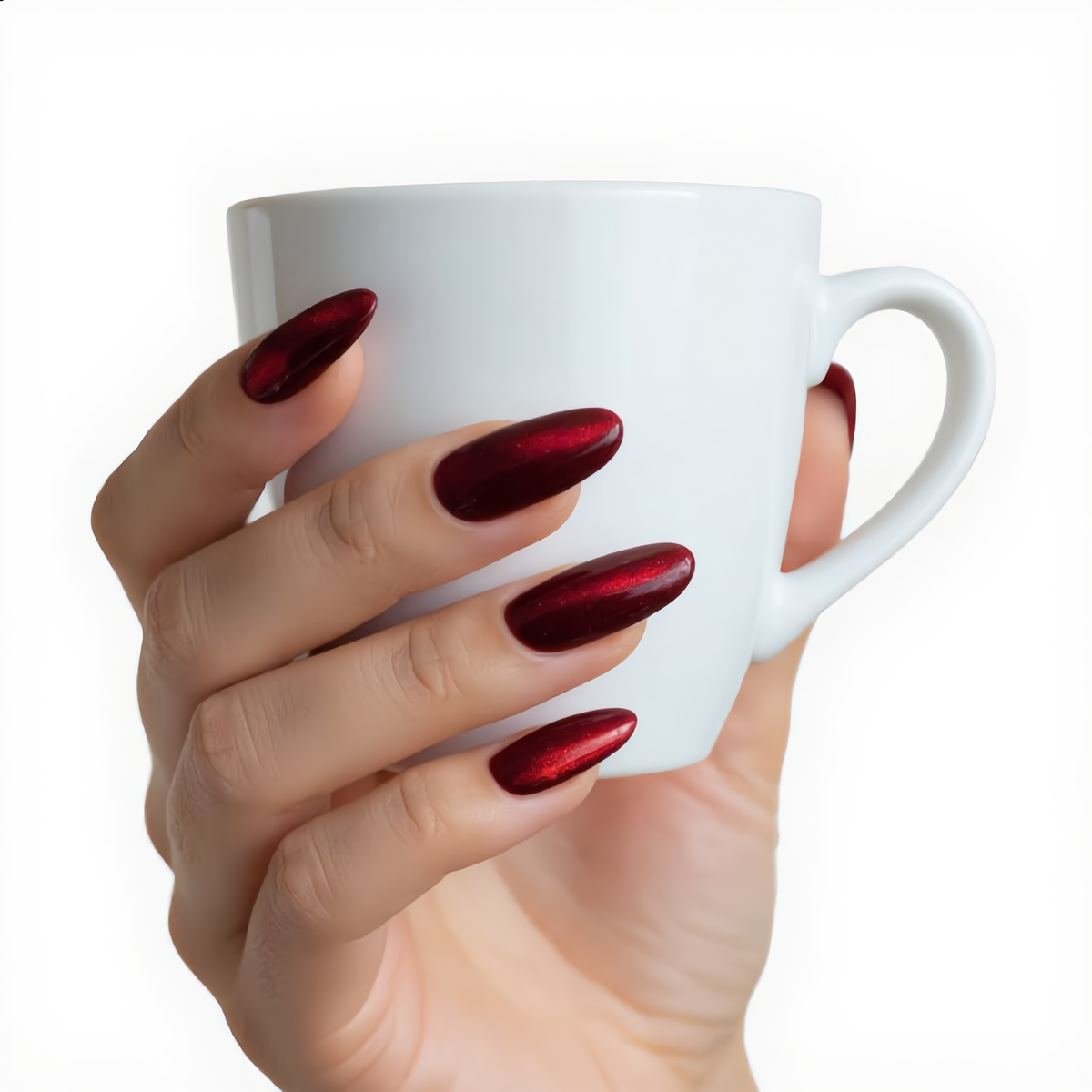 Red Cat Eye Press On Nails Holding White Coffee Cup