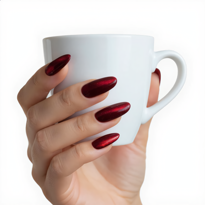 Red Cat Eye Press On Nails Holding White Coffee Cup