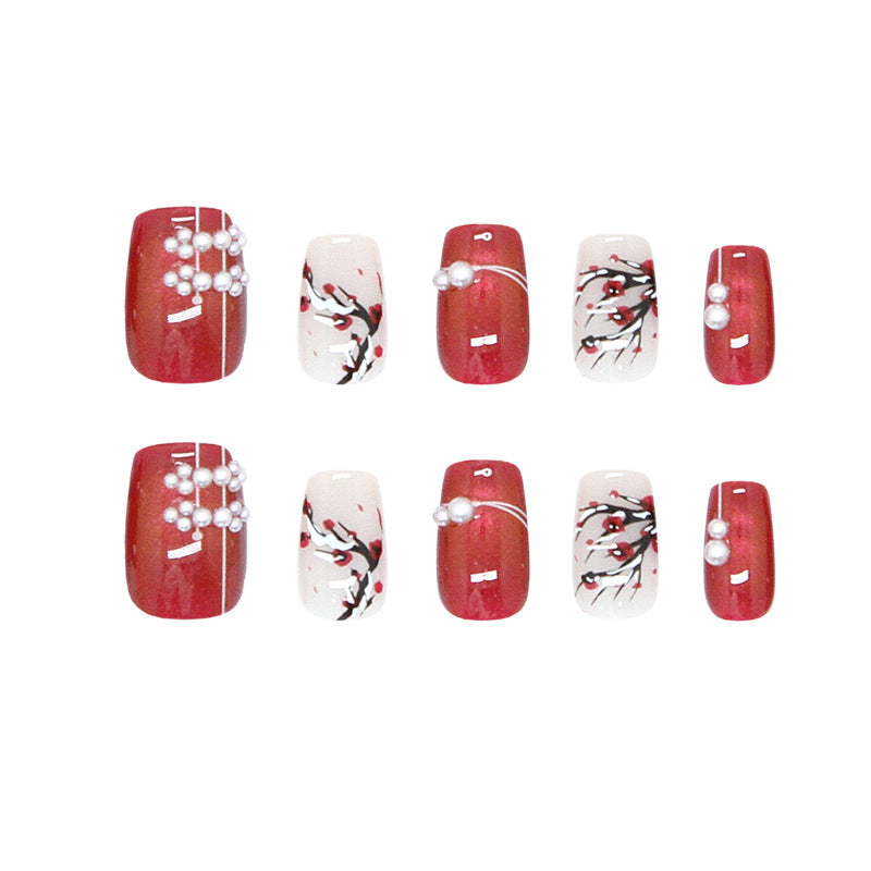Red Cherry Blossom Short Square Press On Nail Set