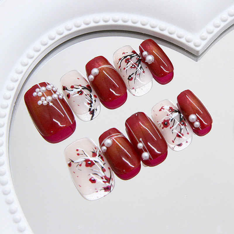 Red Floral Pearl Press On Nail Set – Close Up
