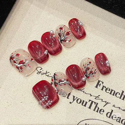 Red Floral Pearl Press On Nails – Short Square Nail Set
