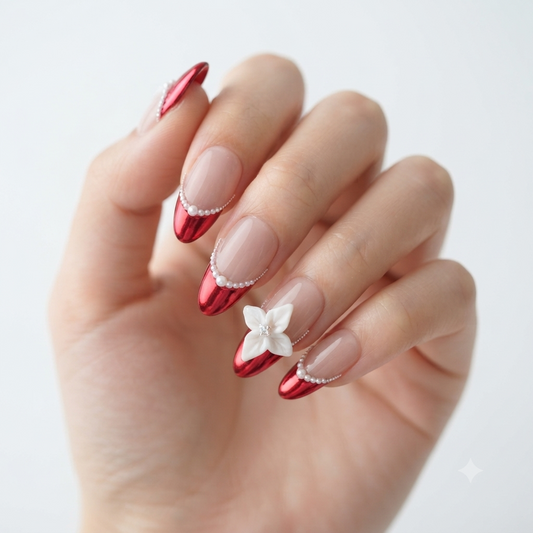 Red French tip press on nails with 3D white bow and nude base