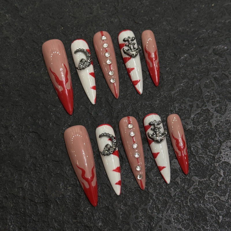 Red and Black Long Press On Nails with 3D Nail Art