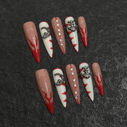 Red and Black Long Press On Nails with 3D Nail Art