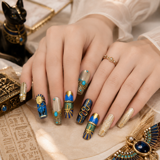 Royal Egyptian 3D Press On Nails in Blue and Gold