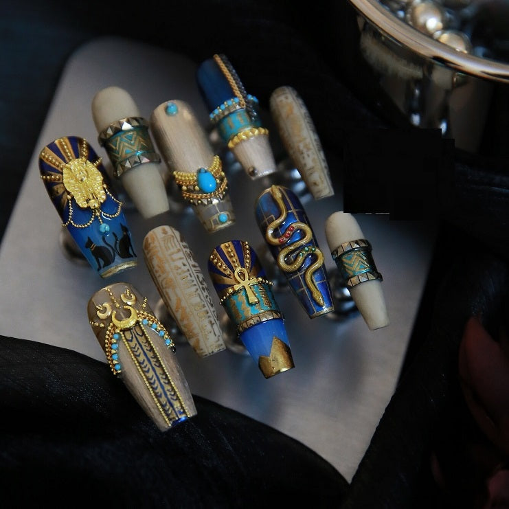 Royal Egyptian Blue Gold Press On Nail Set with 3D Charms