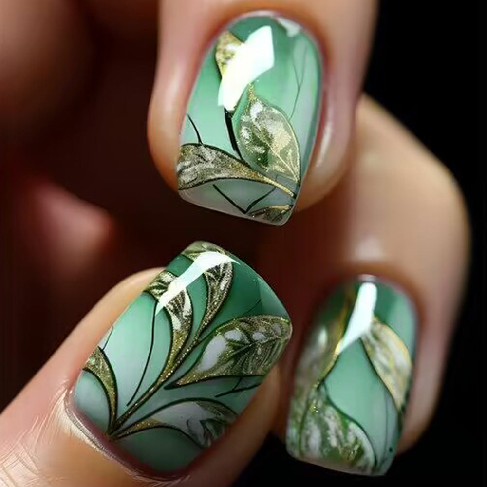 Sage Green Gold Botanical Press On Nails – Close Up Nail Art