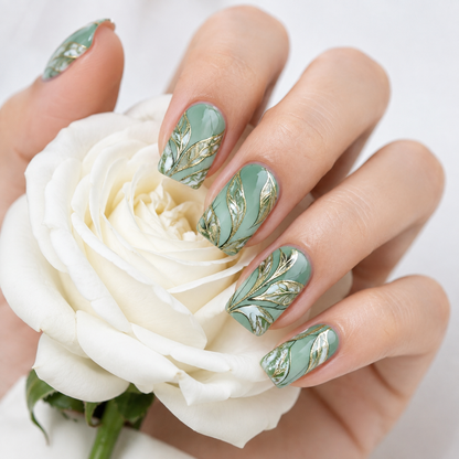 Sage Green Gold Leaf Nails Holding White Rose