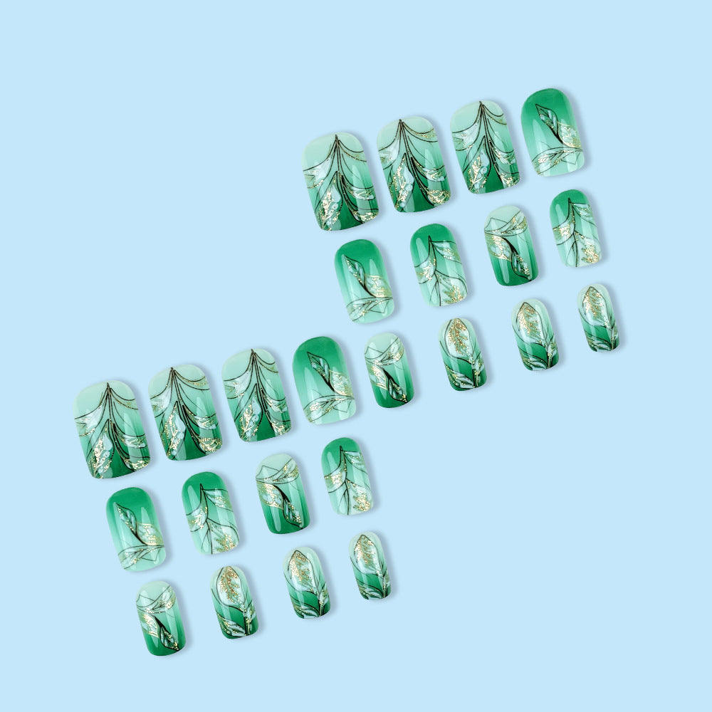 Sage Green Gold Leaf Press On Nail Set – Full Nail Kit