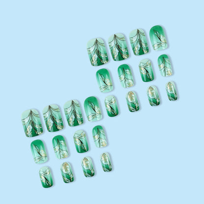 Sage Green Gold Leaf Press On Nail Set – Full Nail Kit