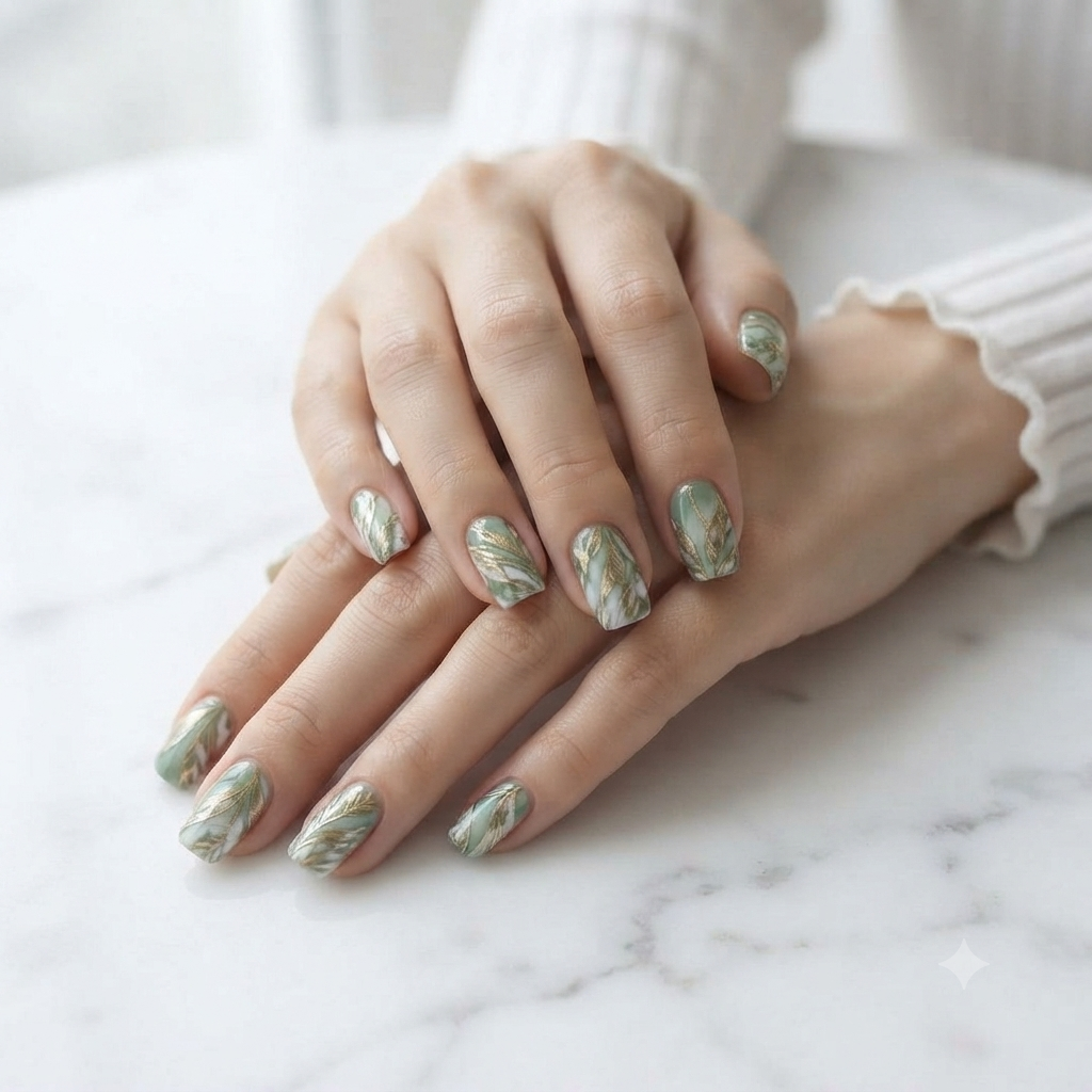 Sage Green Gold Leaf Press On Nails – Luxury Hand Model