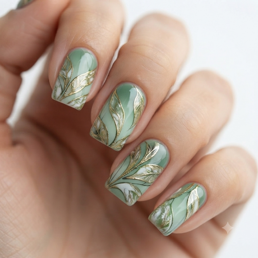 Sage Green Gold Leaf Press On Nails – Square Nail Design
