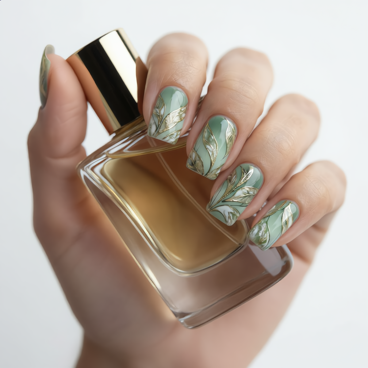 Sage Green Press On Nails Holding Luxury Perfume Bottle
