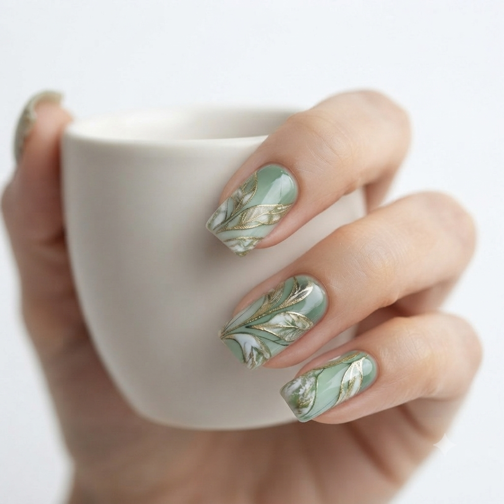 Sage Green Press On Nails Holding White Coffee Cup