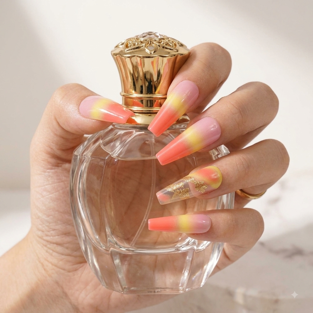 Sunset Glitter Coffin Press On Nails – Glamorous Summer Nails