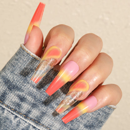 Sunset Ombre Long Coffin Press On Nails with Gold Glitter