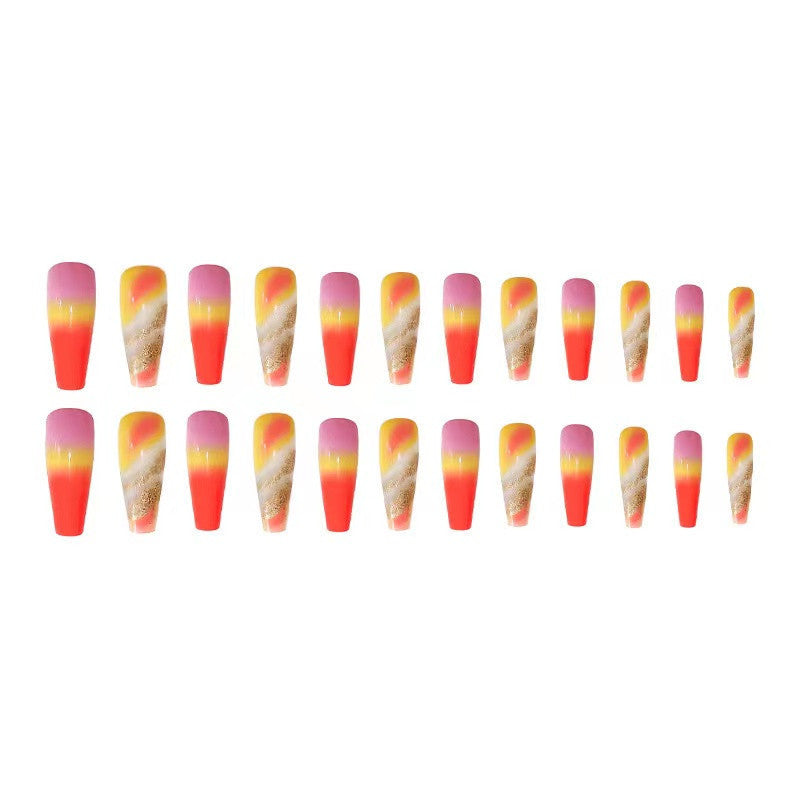 Sunset Ombre Press On Nail Set – Pink Orange Gold Glitter Nails