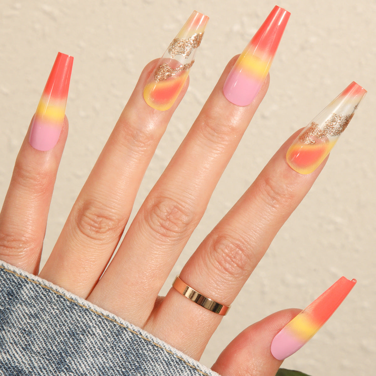 Sunset Ombre Press On Nails – Pink Coral Orange Coffin Nails