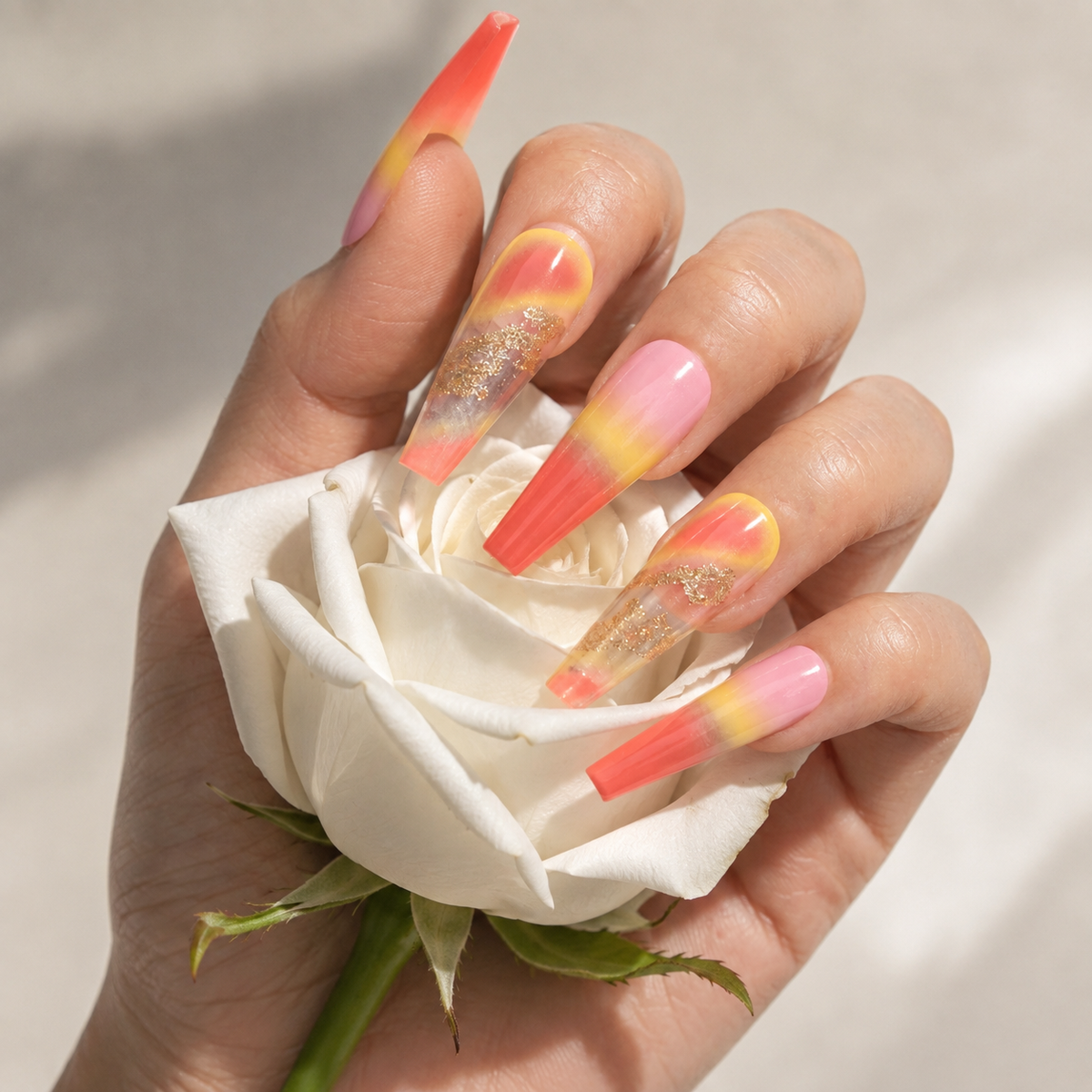 Sunset Ombre Press On Nails with White Rose – Summer Nails