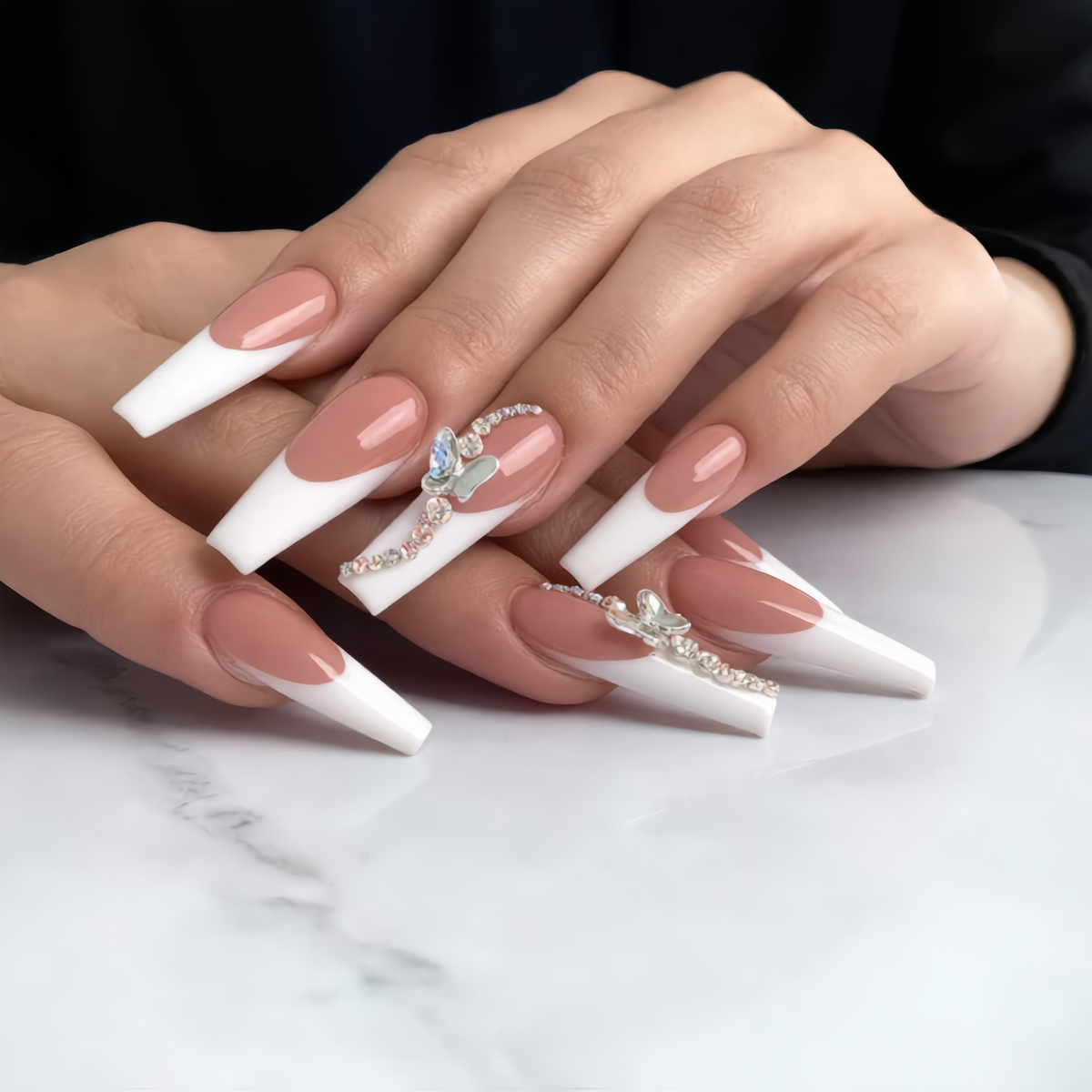 White French butterfly coffin press on nails with rhinestone accents on both hands