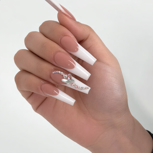 White French butterfly press on nails with crystal rhinestones, long coffin luxury nail design