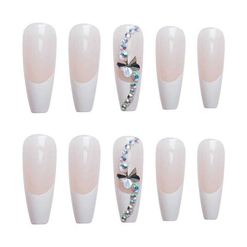 White French coffin press on nail set with 3D butterfly and silver crystal rhinestones