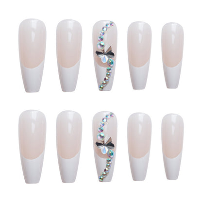 White French coffin press on nail set with 3D butterfly and silver crystal rhinestones